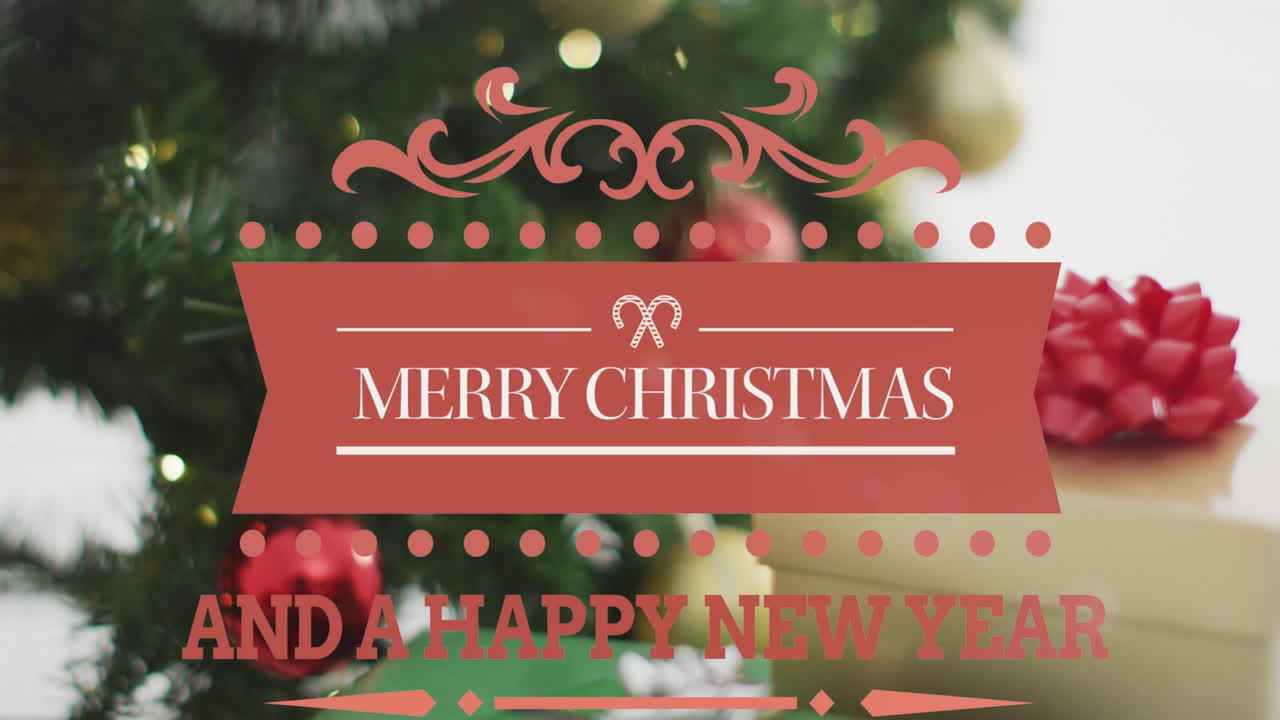 animación de feliz navidad y feliz año nuevo texto sobre decoraciones en el fondo
