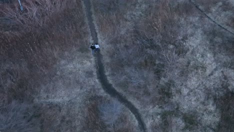 una vista de arriba hacia abajo directamente sobre dos personas caminando por un camino de tierra en un parque durante una noche nublada