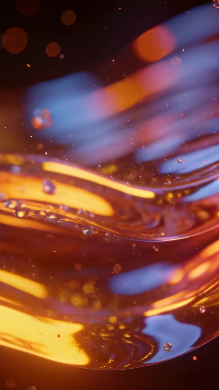 Vertical video: Shifting glass ribbon forming ripples in studio, camera pulling focus to show drops