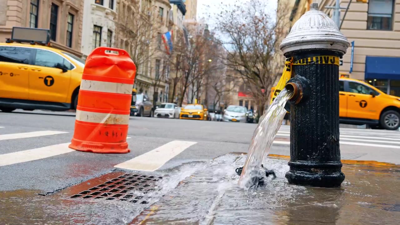 New York, USA, 18 marzo 2026: Getto d'acqua da un idrante antincendio su una strada cittadina. Primo piano dell'acqua che sgorga da un idrante nero sulla superficie stradale a New York City