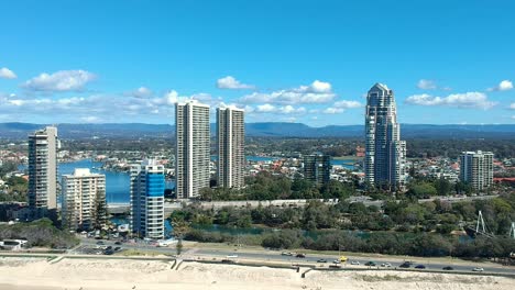 Aerial-view-showing-beaches-and-high-rise-buildings-along-the-Australian-Gold-Coast-coastline