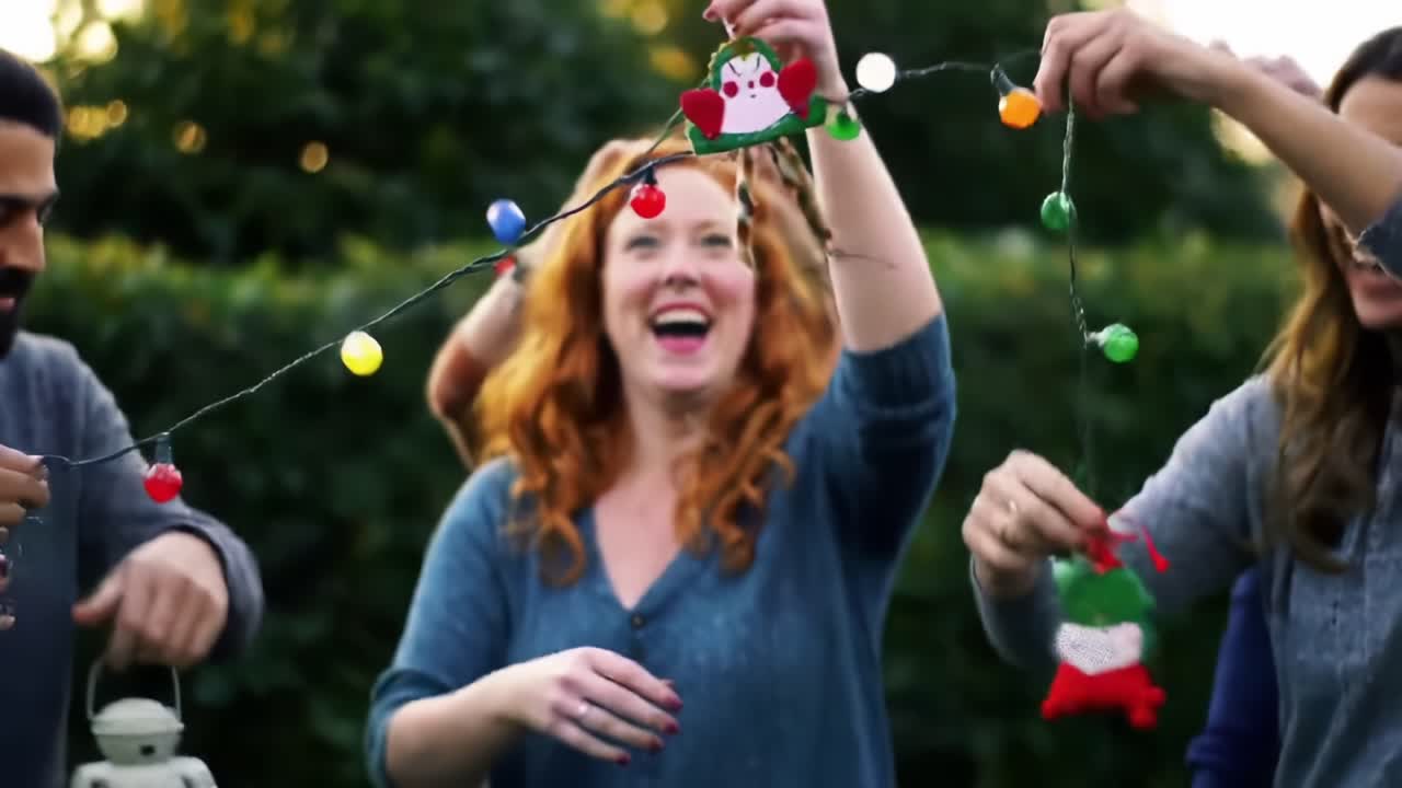Enjoying a Festive Gathering While Decorating With Colorful Lights Outdoors