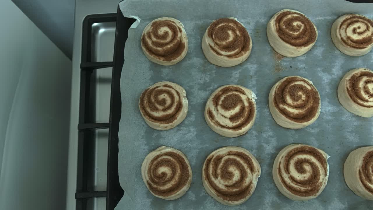 Two dozen cinnamon buns on a baking tray ready for the oven