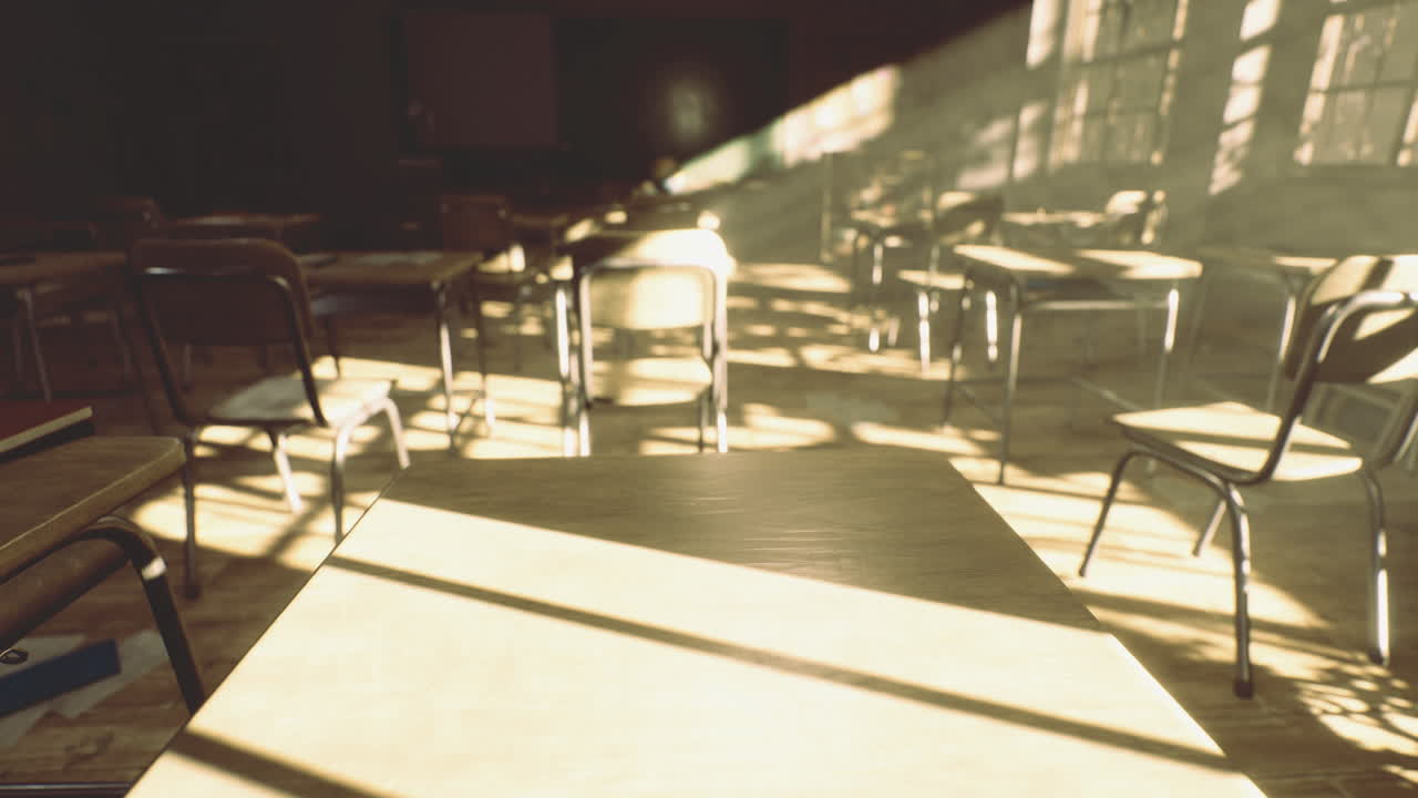 Sunlight casts shadows across empty classroom desks during afternoon hours