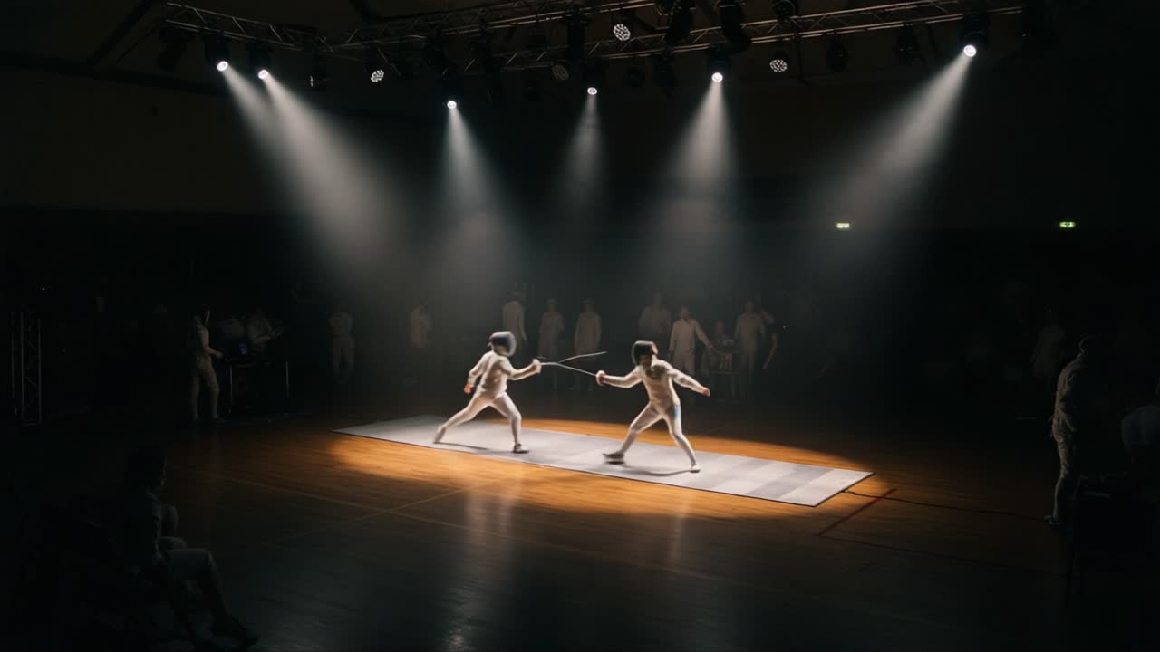 Dramatic Fencing Duel in Spotlight: Two Competitors Engage in an Intense Match on a Dimly Lit Stage, Surrounded by an Enthusiastic Audience
