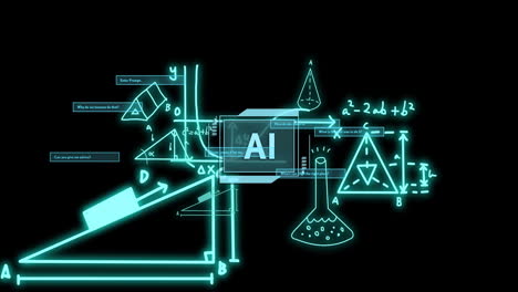 animation of ai text and scientific data processing over black background
