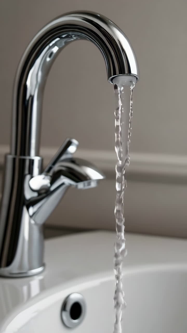 Water flowing from a chrome faucet into a white sink