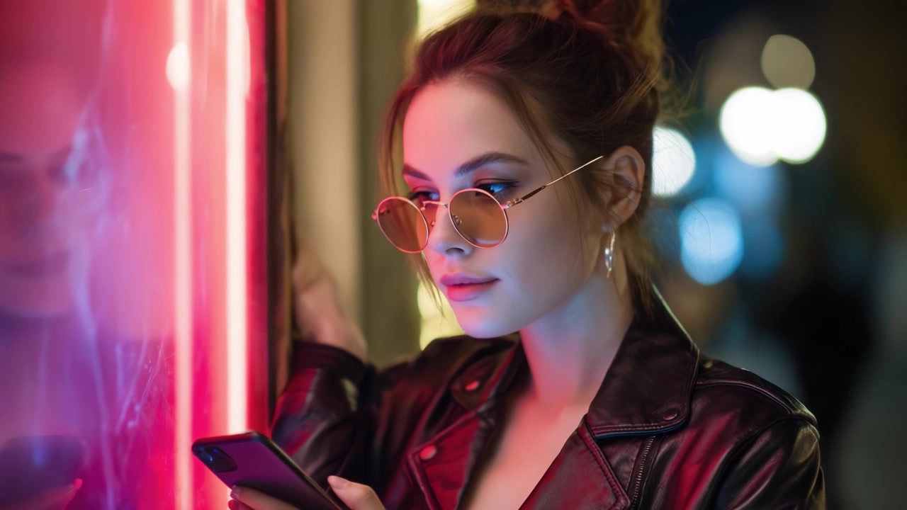 Stilig person som bruker smarttelefon under neonlys i en urban nattscene, og fanger mote og moderne teknologi lykkelig sammen.