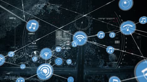 animation of network of connections with icons over road traffic