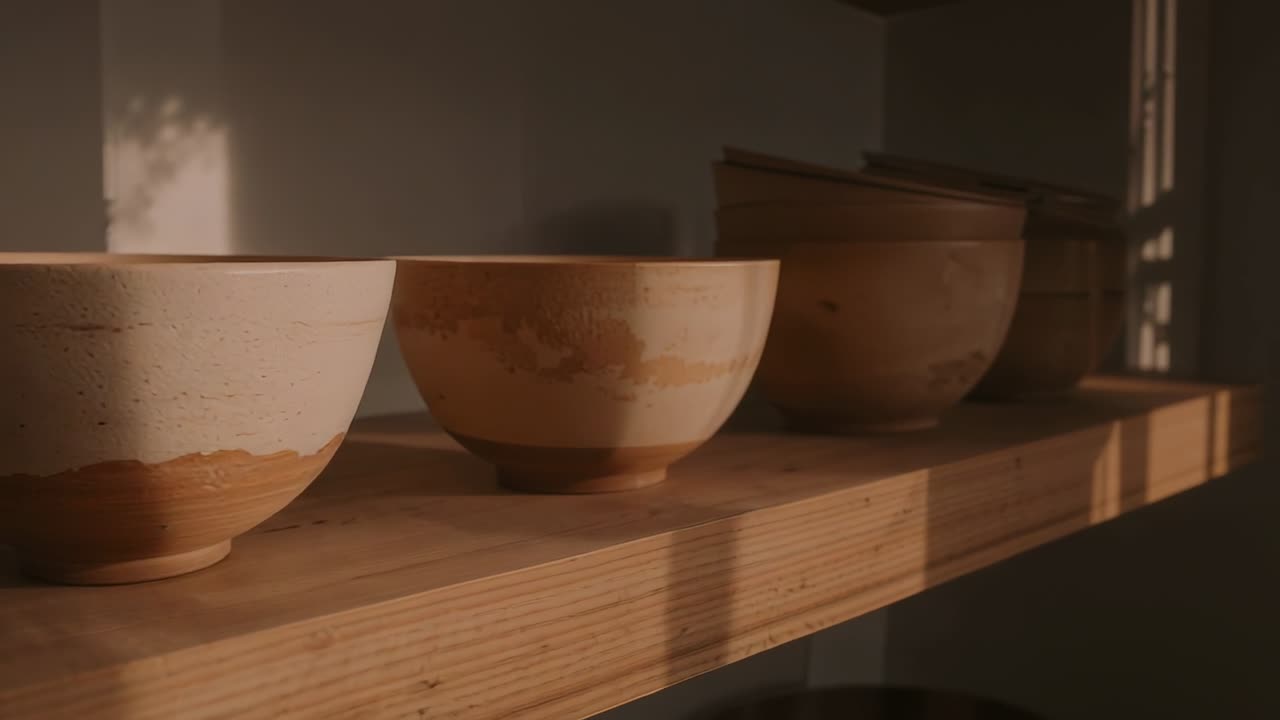La telecamera fa una panoramica a destra, rivelando ciotole di ceramica su una mensola di legno, con ombre dalla griglia della finestra che mostrano la smaltatura decorativa.
