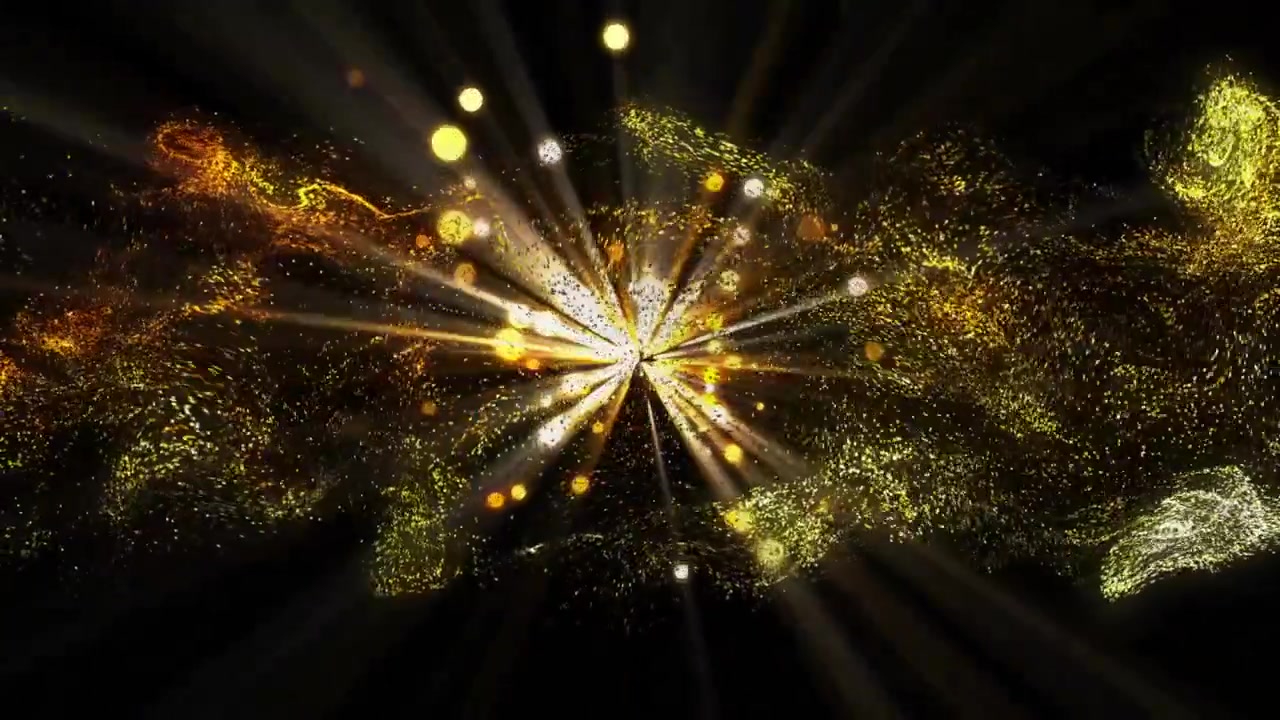 Sfondo che si apre, causando l'espansione di un nucleo di luce e la radiazione di particelle dorate per il flusso di energia