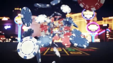 a dynamic display of falling casino chips with a blurred vibrant background featuring classic las vegas neon lights and roulette tables, signifying high stakes gambling experience.