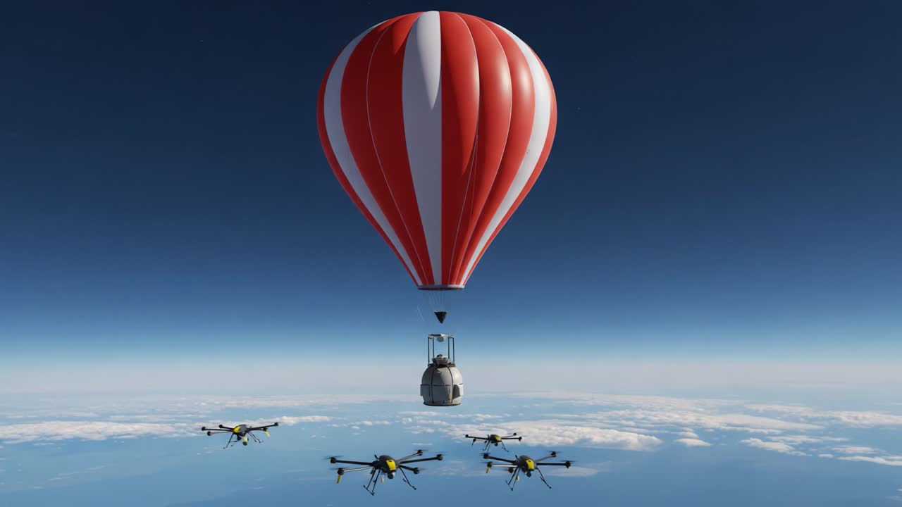 A Red and White Hot Air Balloon Surrounded by Drones in a Clear Blue Sky Overlooking a Serene Landscape, Showcasing Innovation and Adventure in Aviation