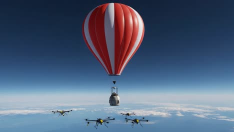 a red and white hot air balloon surrounded by drones in a clear blue sky overlooking a serene landscape, showcasing innovation and adventure in aviation