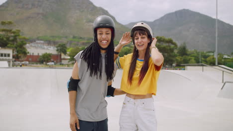 Portrait-of-two-young-interracial-skater-friends