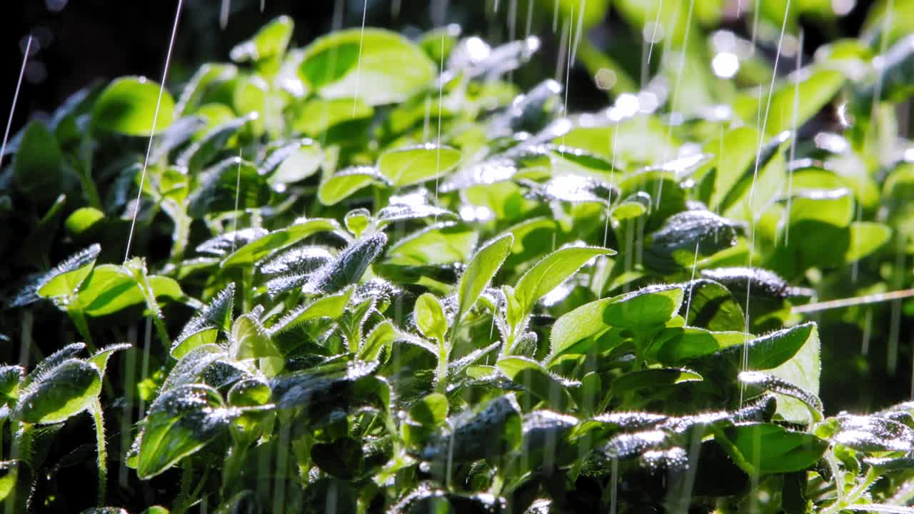cerca de la lluvia que cae sobre la planta de orégano en el jardín, iluminada por el sol desde atrás
