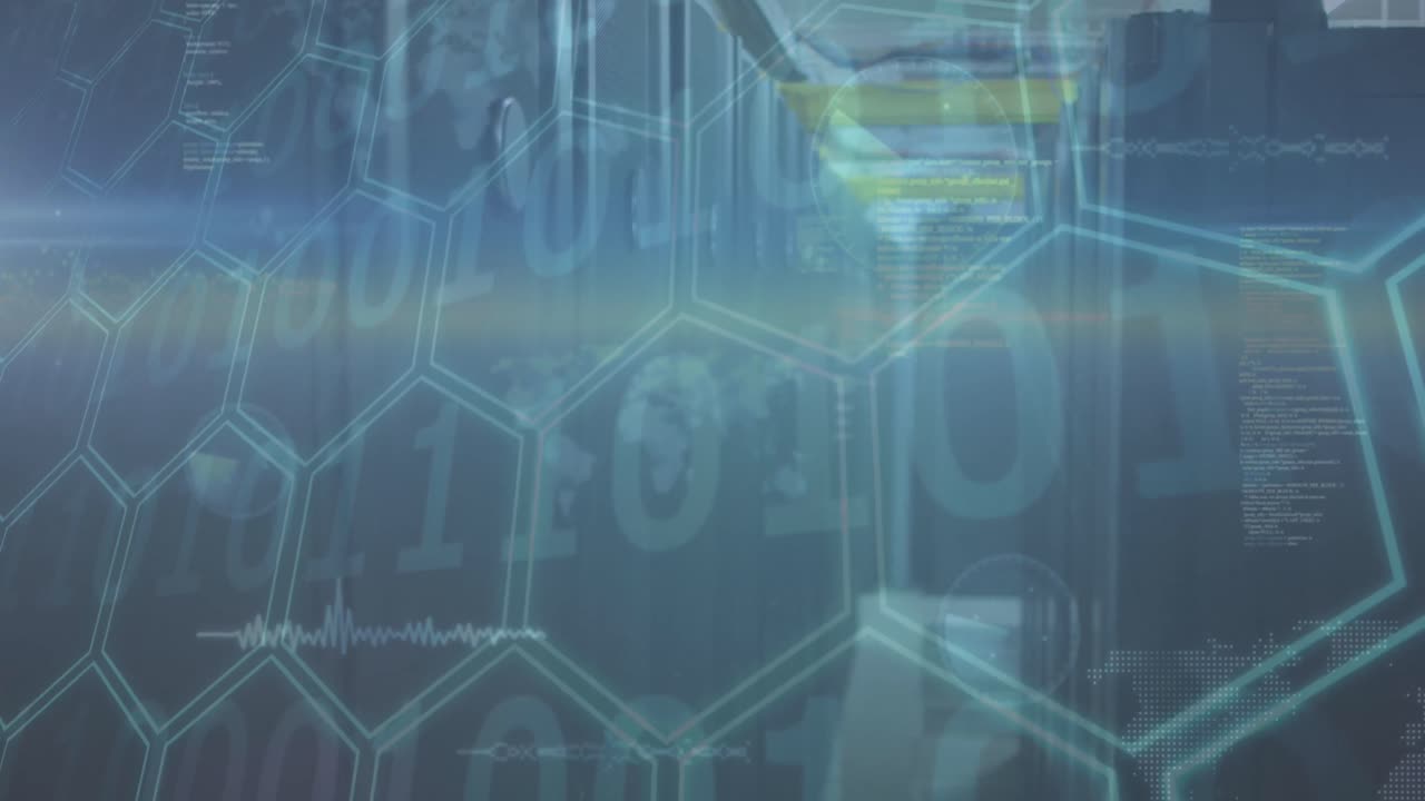 animación de codificación binaria, hexágonos y procesamiento de datos a través de servidores informáticos en segundo plano