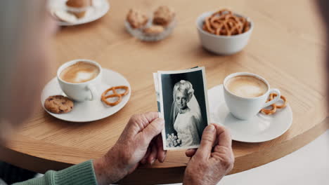 senior tea, hands and photos for a memory