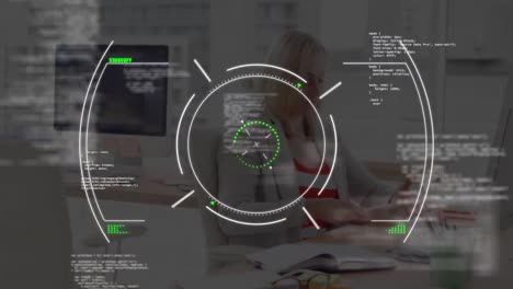 Animation-of-scope-scanning-over-businesswoman-in-office