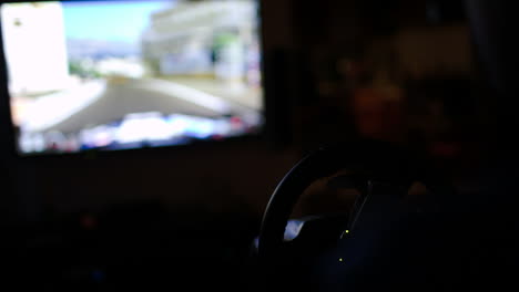 man playing racing game with steering wheel in darkness