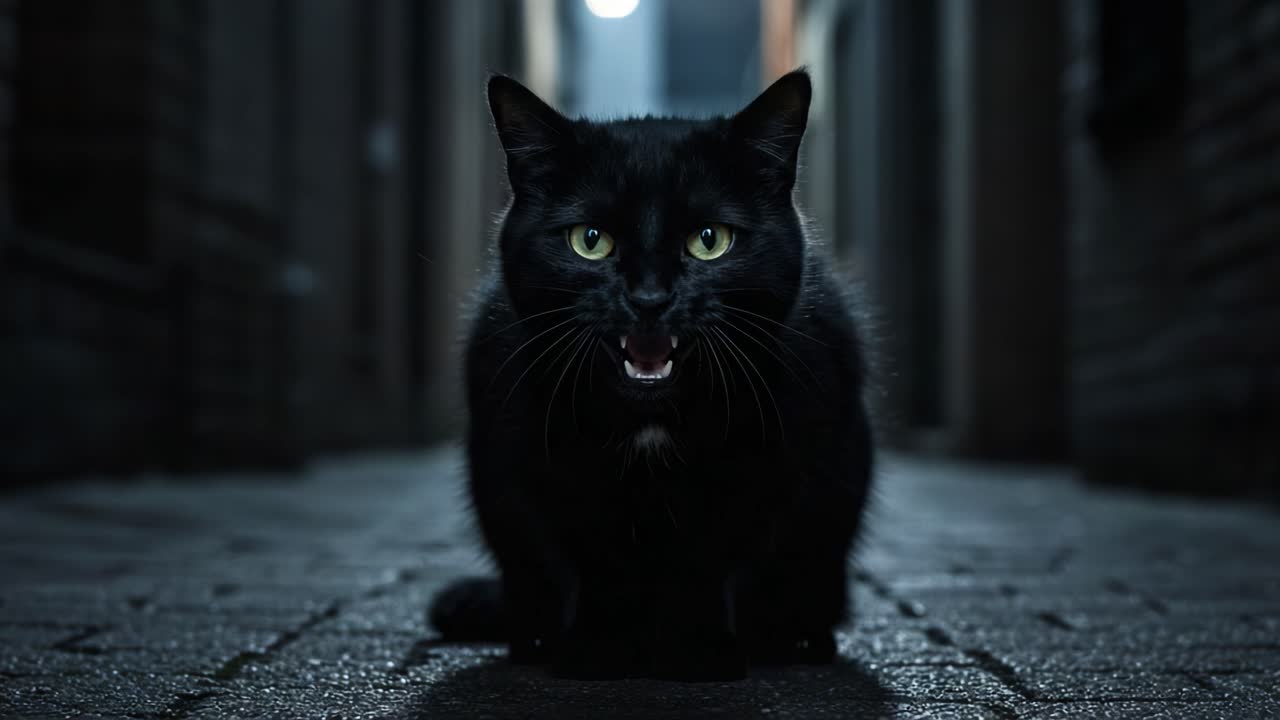 A Mysterious Black Cat Roams the Dimly Lit Alley, Captivating with Striking Green Eyes and an Intriguing Presence During the Night