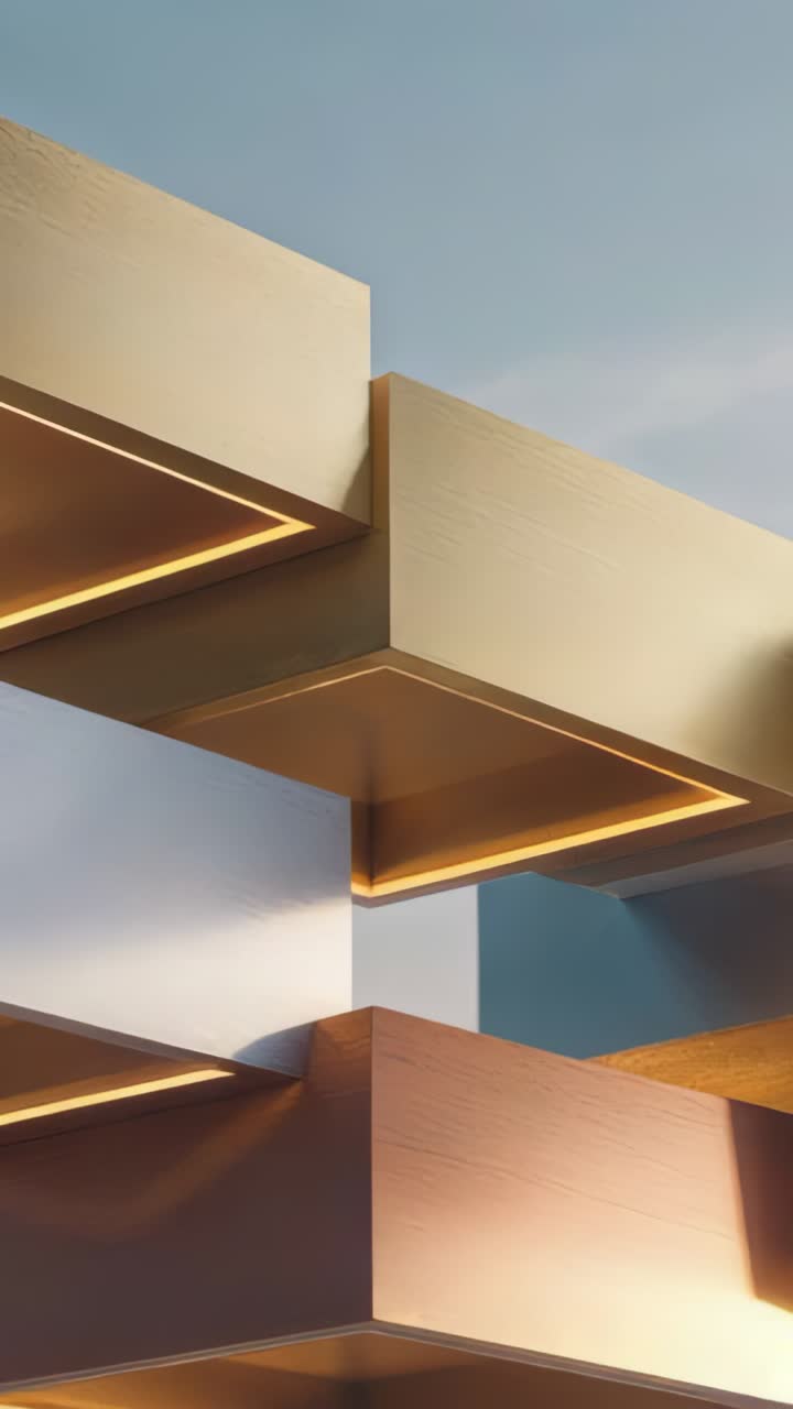 Vertical video: Panning low-angle revealing multicolored beams against sky, exposing LED lighting