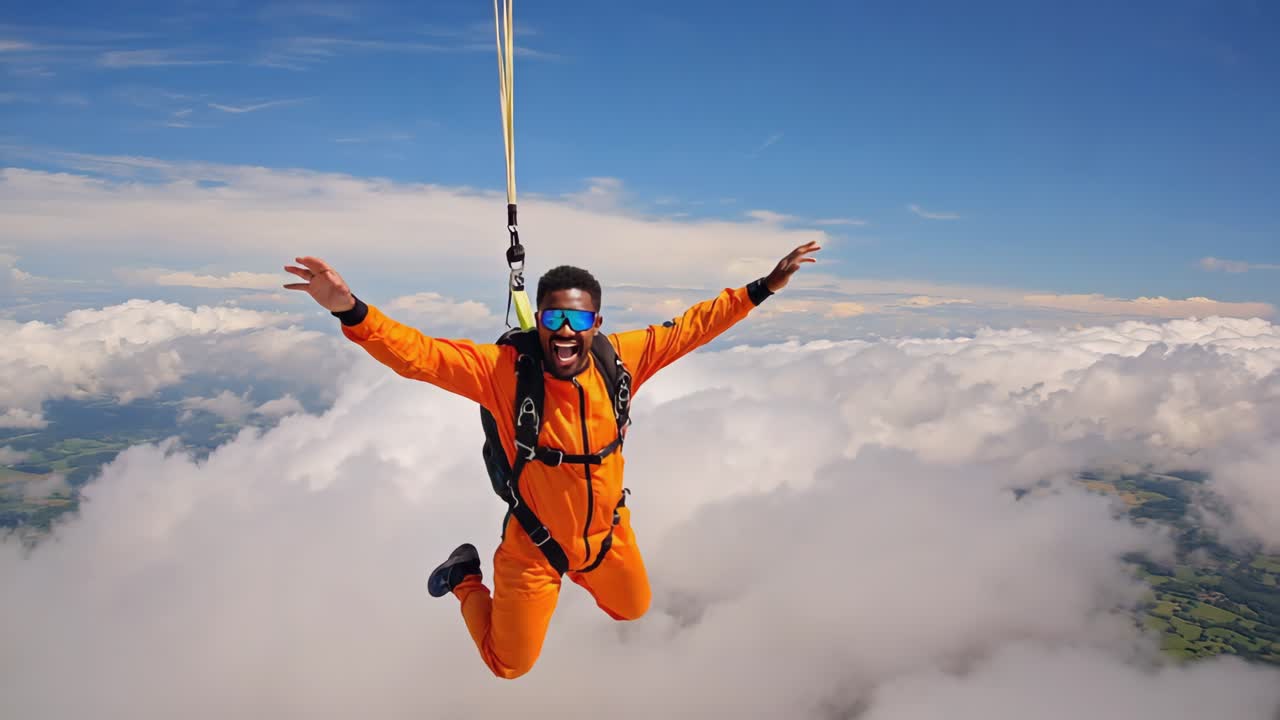 Man skydiving with arms outstretched against a backdrop of clouds