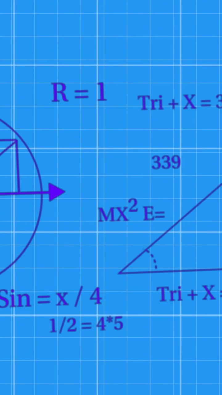 Mathematical equations and geometric shapes animation over blue grid background