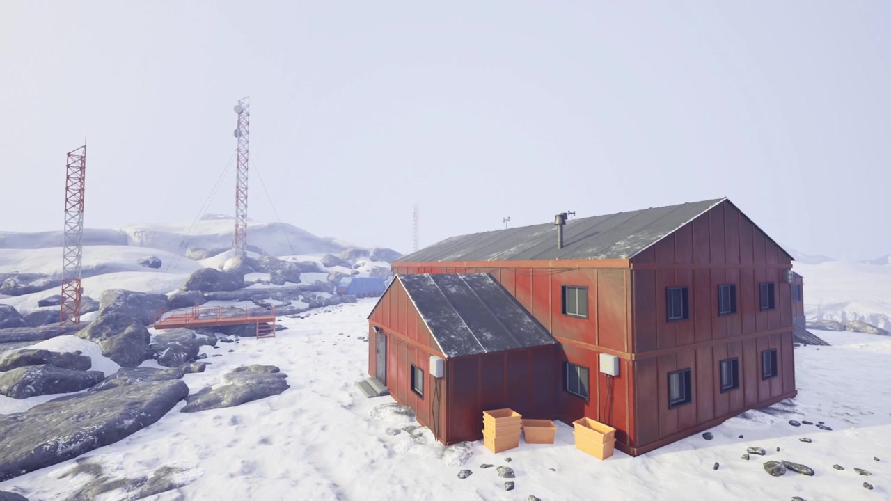 Silent snowy yard with stacked pallets and radio mast silhouette