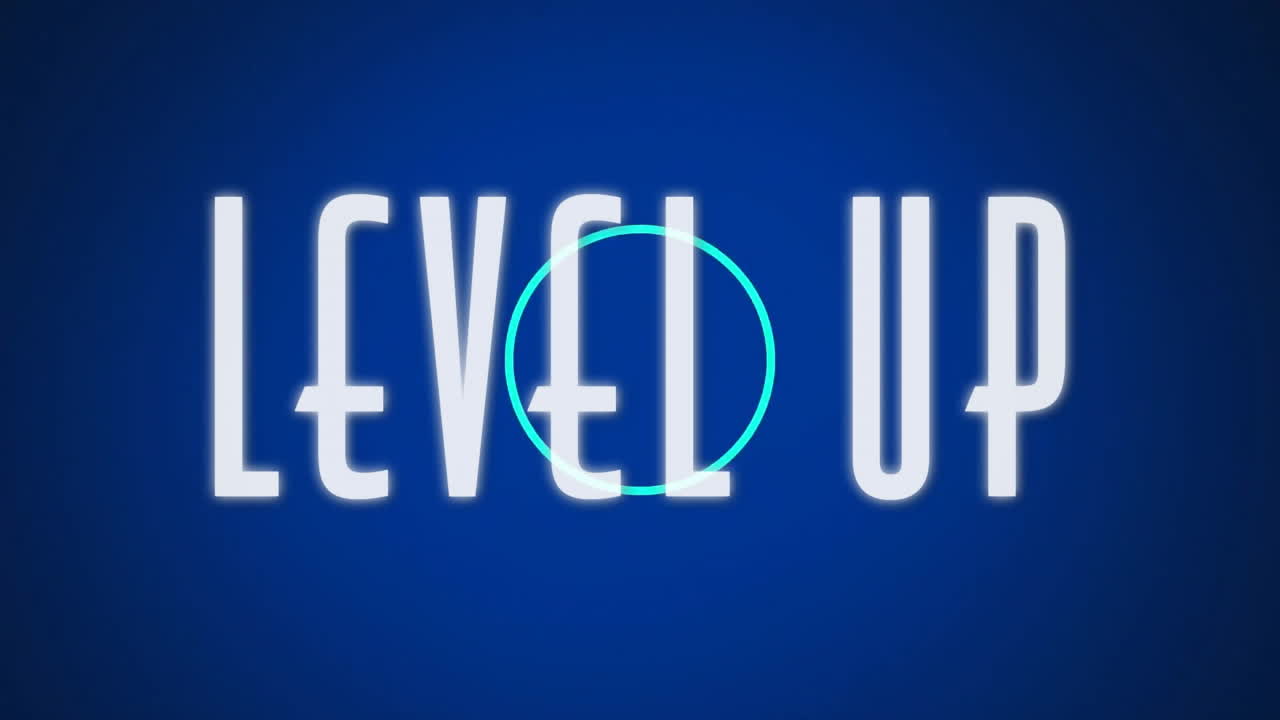 Animation of level up text over colourful shapes moving