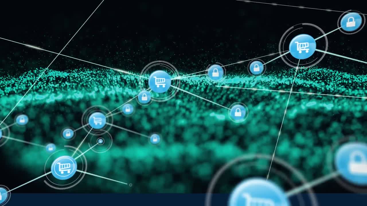 Animation of network of connections with online shopping icons over glowing green mesh