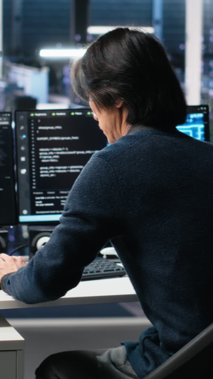 Vertical video Data center technician entering office, managing AI systems