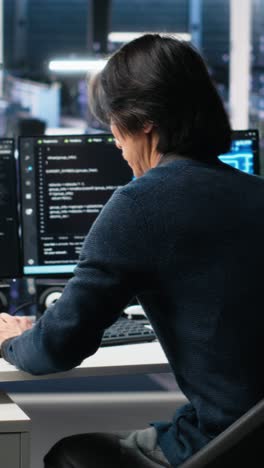 vertical video data center technician entering office, managing ai systems