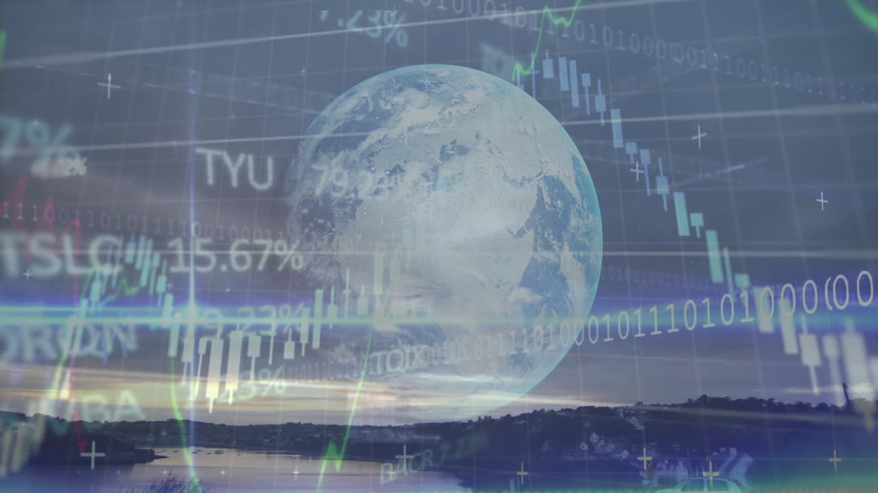 Floating Earth globe over harbor, showing trading charts with binary digits, percentage figures