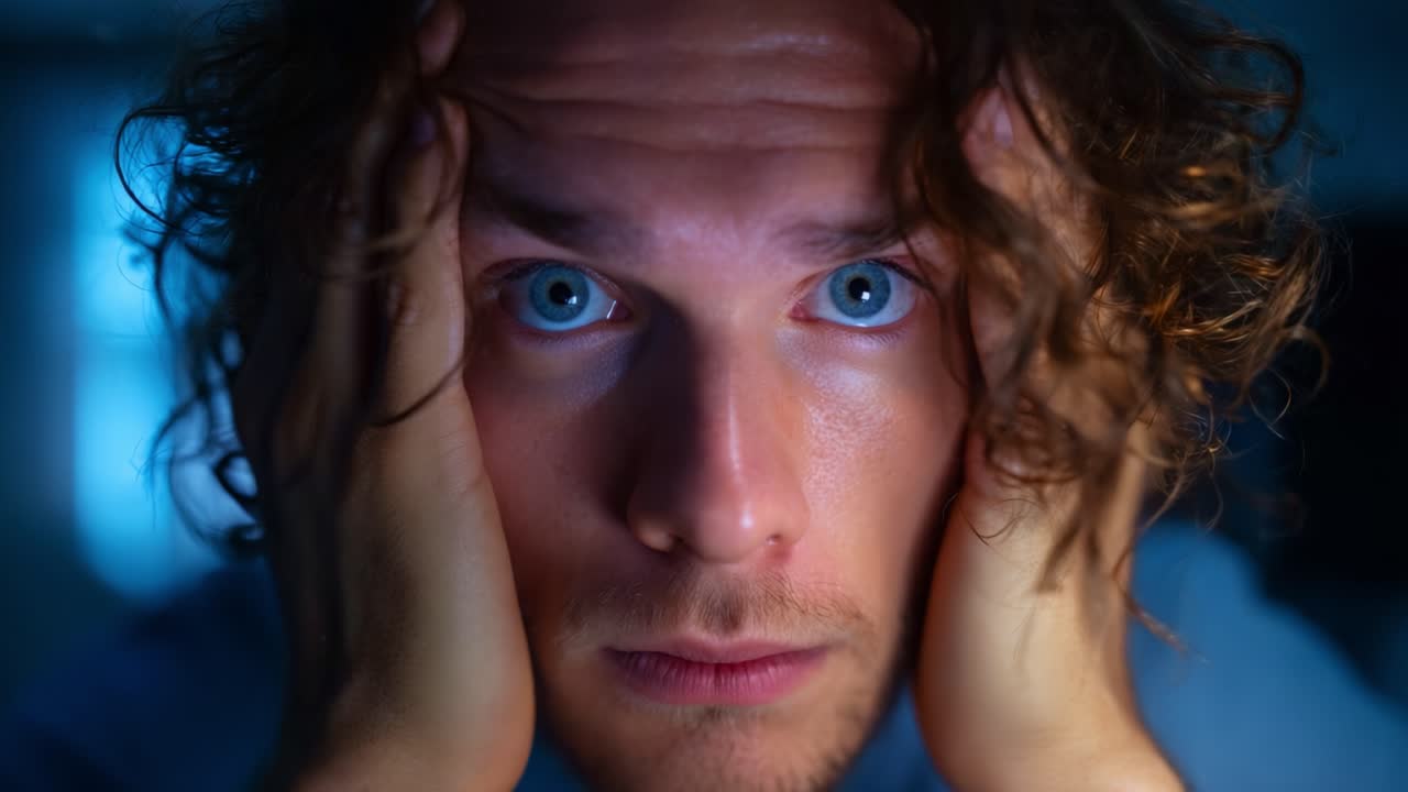 Portrait of a young man experiencing anxiety and stress, with fingers pressed against his forehead in a moment of emotional reflection and contemplation in a dimly lit environment