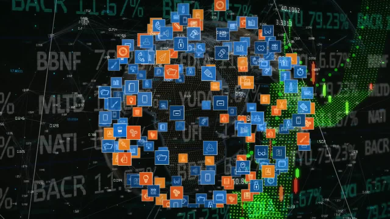 Animation of financial data processing over globe with icons