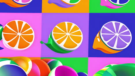 animación de frutas cítricas coloridas sobre un fondo geométrico vibrante