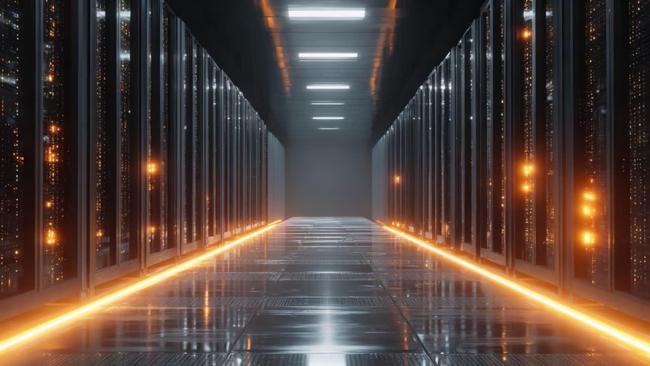 Et fantastisk perspektiv af en futuristisk datacentralkorridor med glødende accenter og højteknologiske serverracks, der viser moderne arkitektur og avanceret teknologi