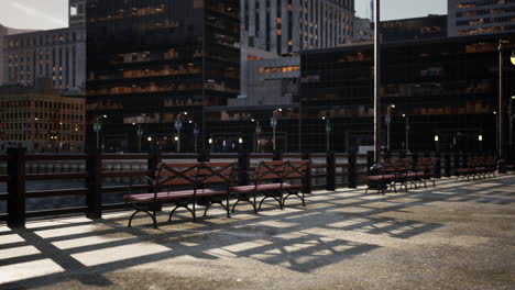 empty benches on the waterfront in a city