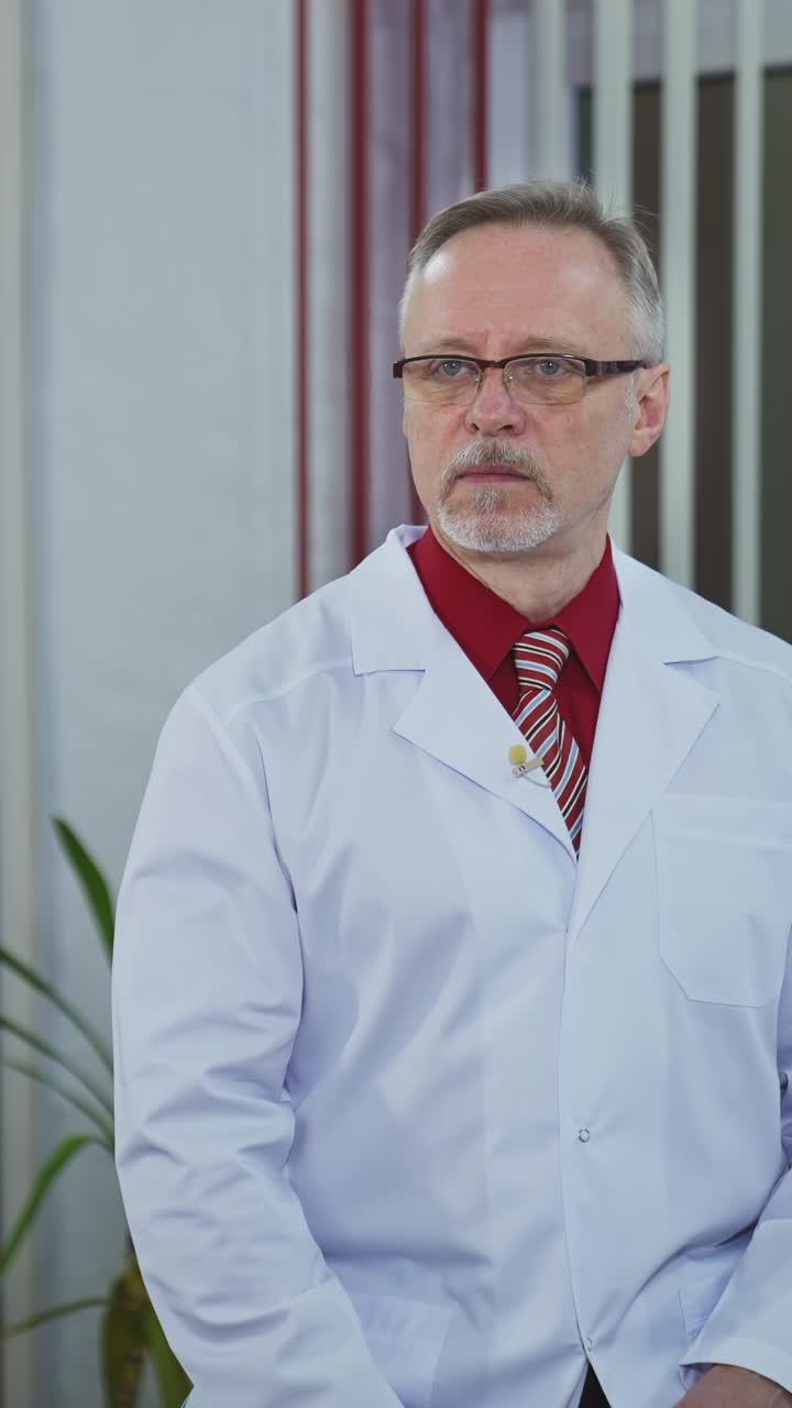 Médico idoso sentado à mesa do médico e olhando para o telefone. Médico experiente e pensativo consulta paciente por videochamada. Vídeo vertical