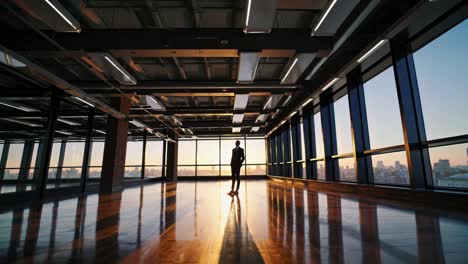 businessman walking in a modern office space at sunset