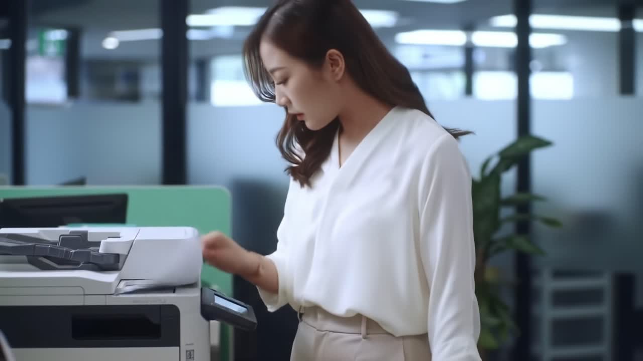 A Focused Individual Engaging with a High-Tech Copier in a Modern Office Setting, Demonstrating Productivity and Efficiency in Daily Tasks