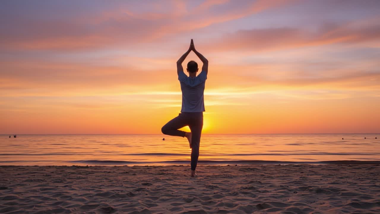 Practicing Yoga at Sunset: A Serene Beach Moment Capturing the Essence of Meditation, Mindfulness, and Tranquility by the Ocean