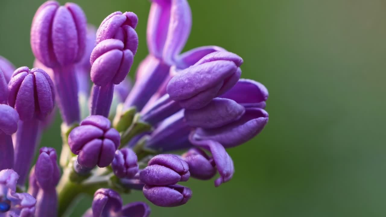 Video ravvicinato di boccioli di lillà viola su sfondo verde sfocato, che cattura la delicatezza