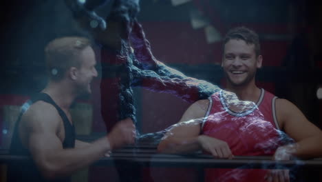 animación de la cadena de adn sobre hombres musculosos haciendo ejercicio