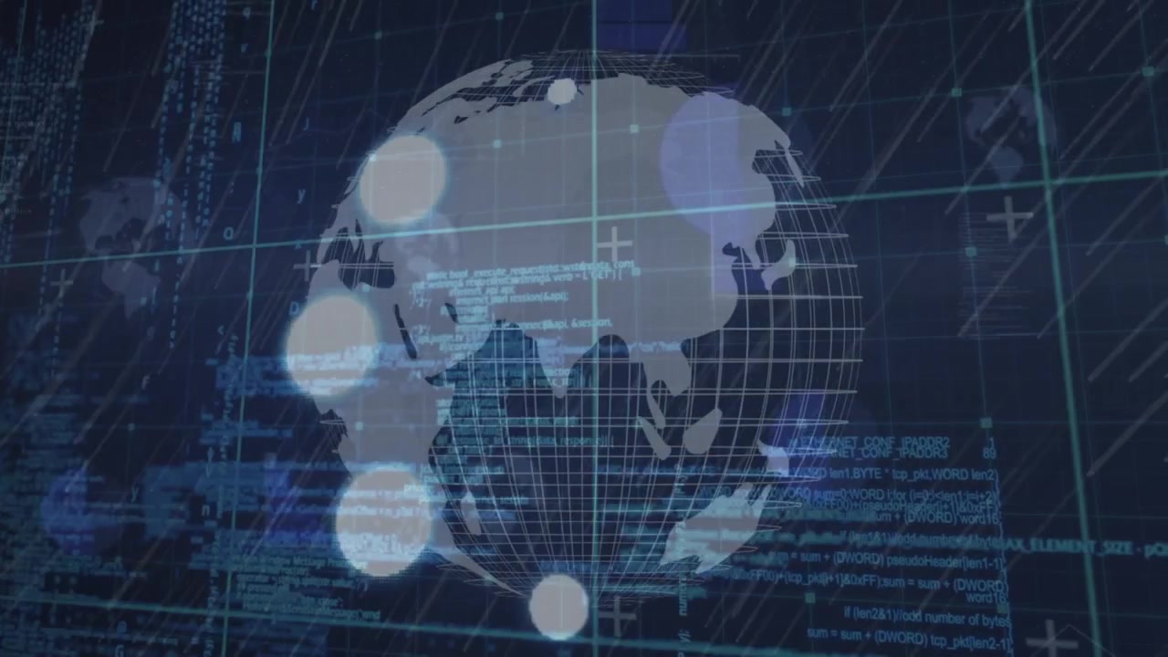 Animation of data processing and globe over blue background