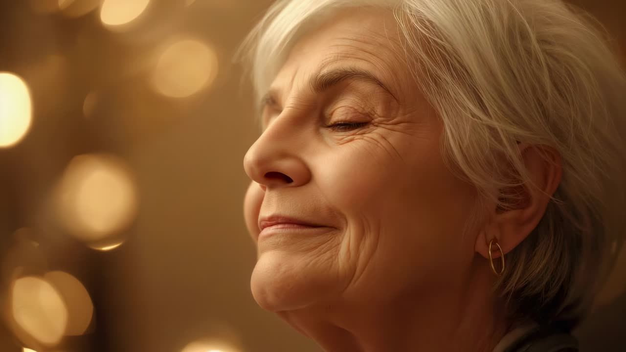 Responding to warm lights appearing, senior woman opening eyes, smiling in portrait with gold hoop