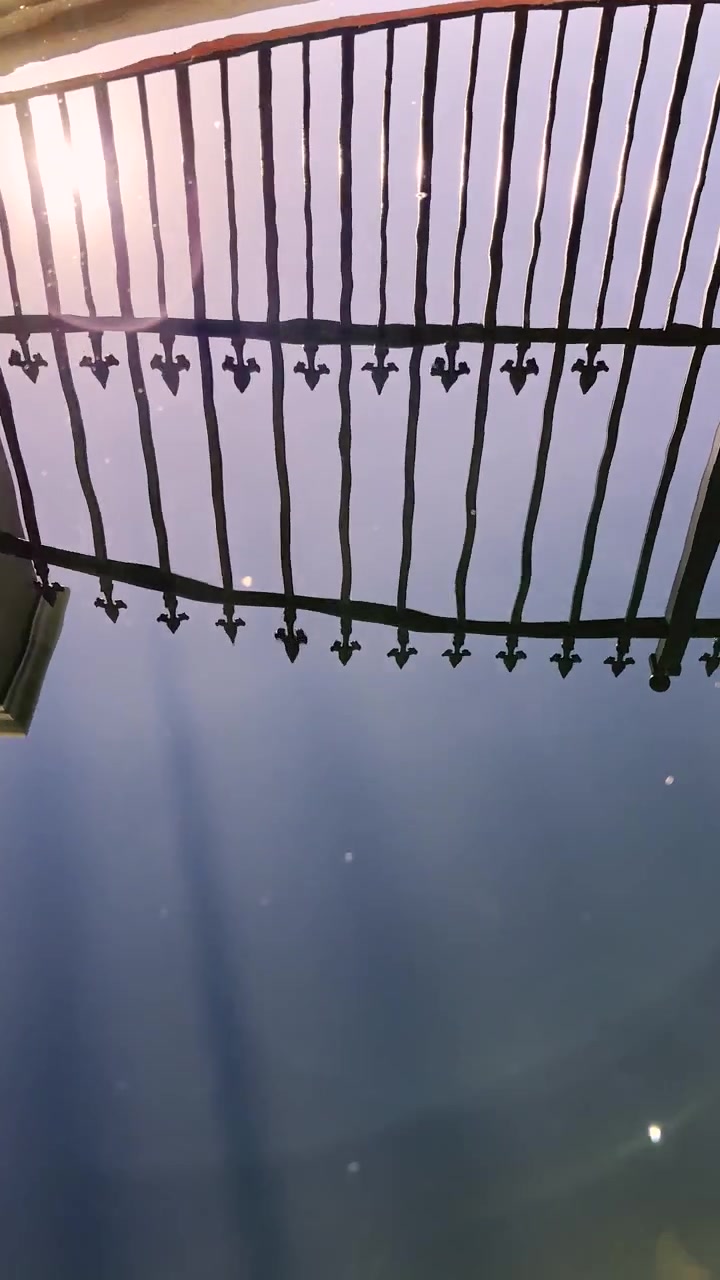 Verticale. Alba dietro la ringhiera al confine di una proprietà suburbana, riflesso.
