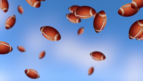 multiple footballs descending against a cloudy sky