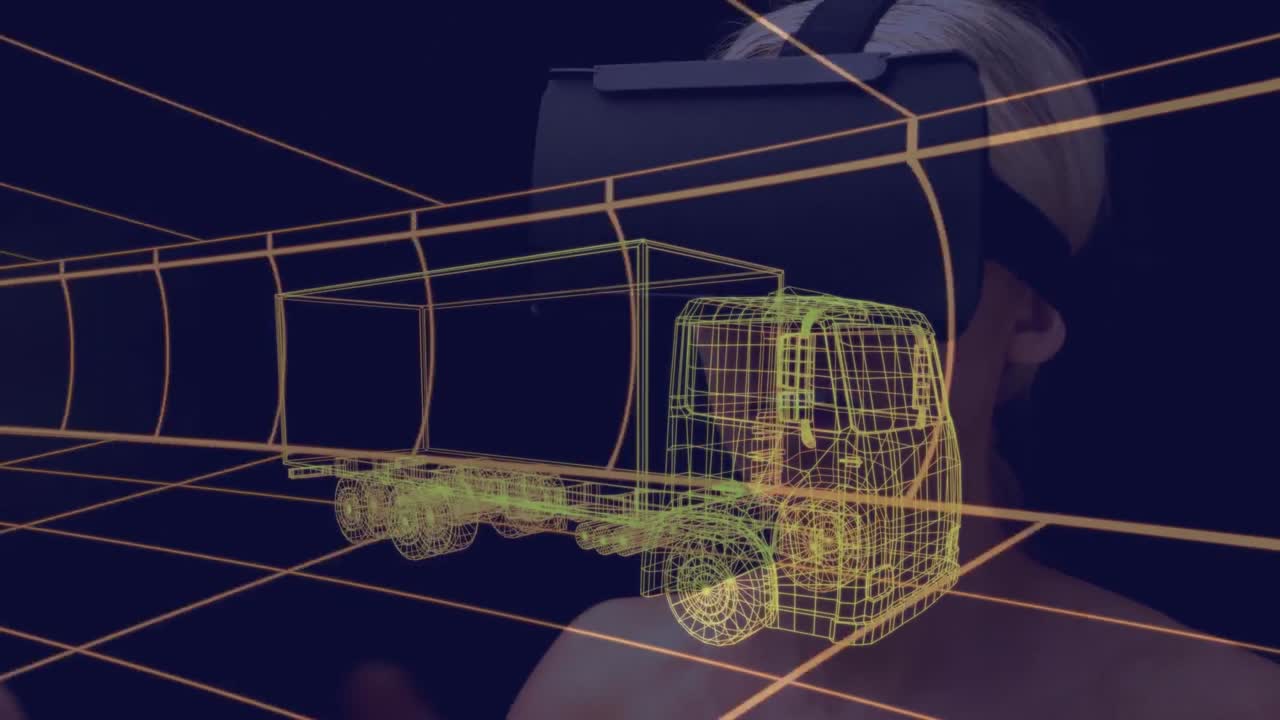 vr 헤드 ⁇ 을 착용한 여성에 대한 3d 자동차 그림의 애니메이션